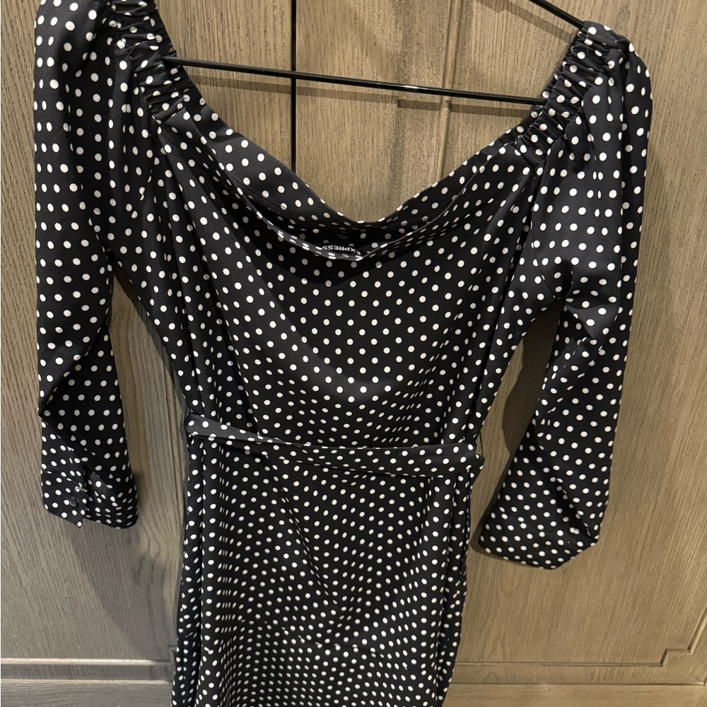 Express Black and White Polka Dot off shoulder Midi Dress